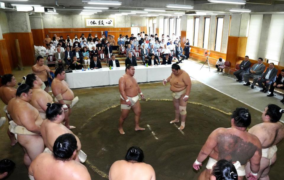 　稽古総見全景。土俵には豊昇龍（左）と琴桜（代表撮影）