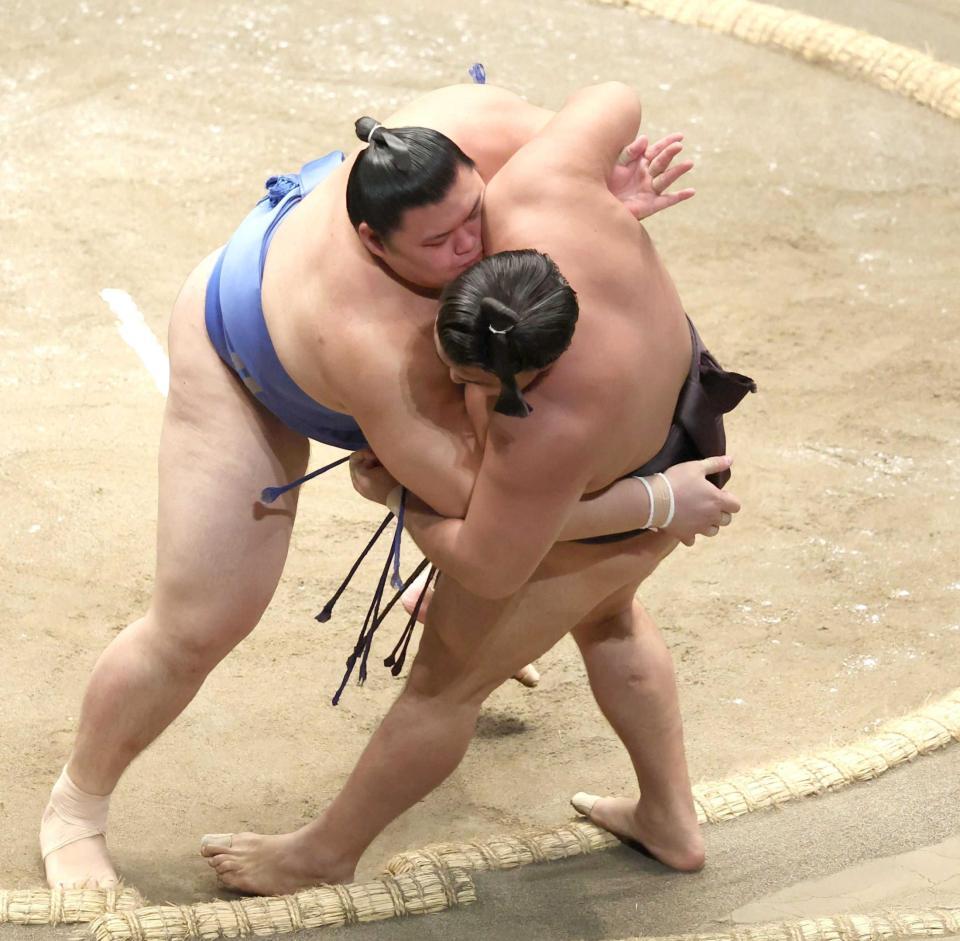 　霧島を寄り切りで破った大の里（撮影・金田祐二）