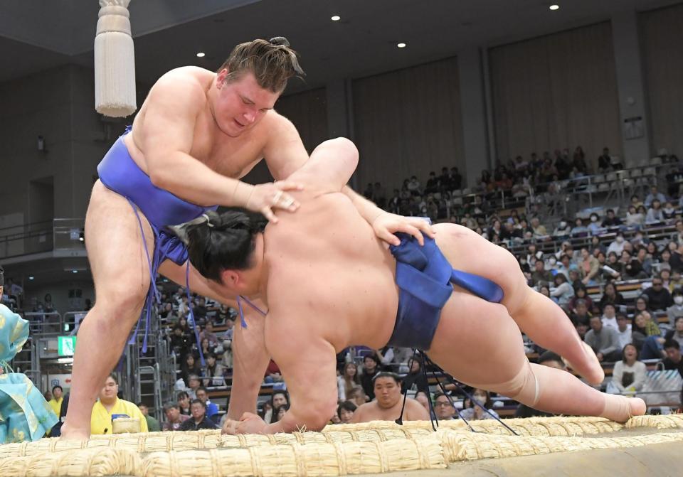 　藤青雲（右）を下手投げで破った安青錦（撮影・佐藤厚）