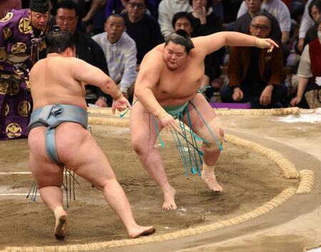 　押し倒しで欧勝馬を下した琴櫻（撮影・坂部計介）