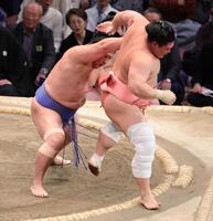 　押し出しで宇良（右）を破った若隆景（撮影・坂部計介）