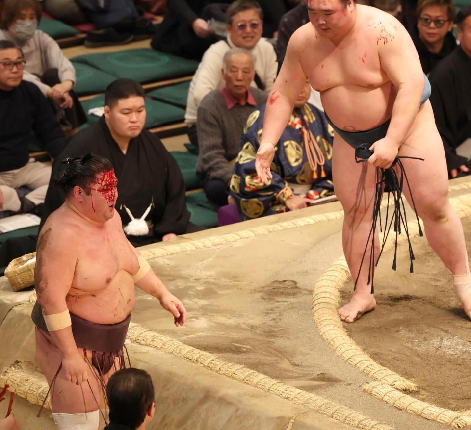 　取り組み後、頭から血を流す紫雷（左下）と返り血を浴びた白熊（撮影・中島達哉）