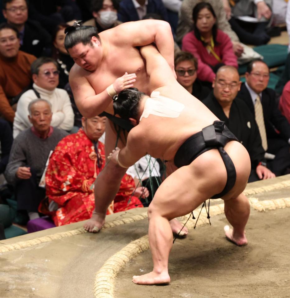 　錦木（奥）を寄り切りで破る伯桜鵬（撮影・中島達哉）