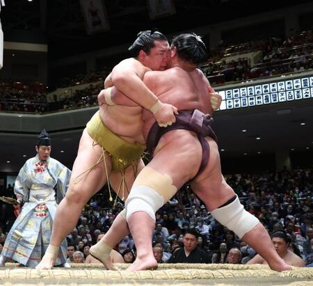 　輝（左）が寄り切りで紫雷を破る