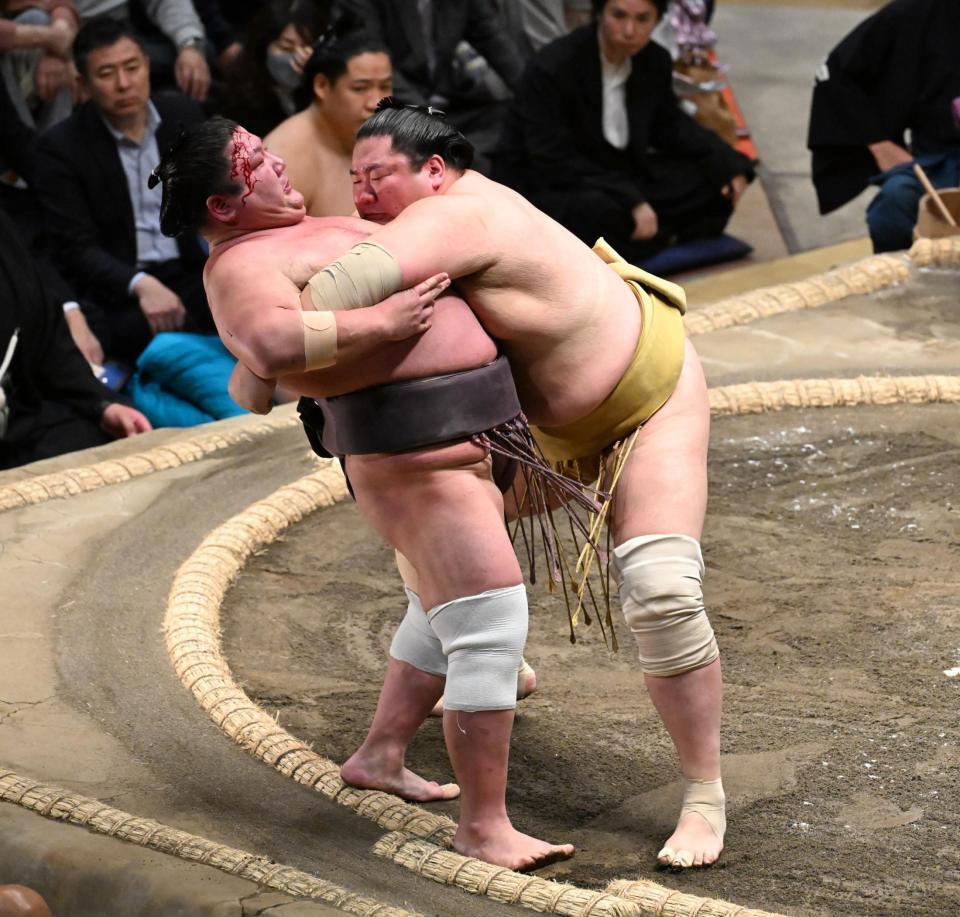 　輝（右）が寄り切りで紫雷を破る