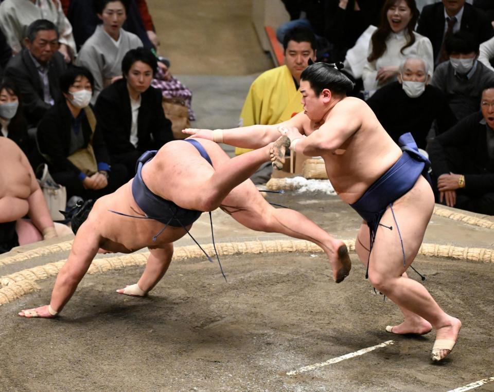 　平戸海（右）が突き落としで豊昇龍を破る