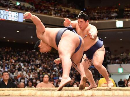 　平戸海（右）に突き落としで敗れ３敗目を喫する