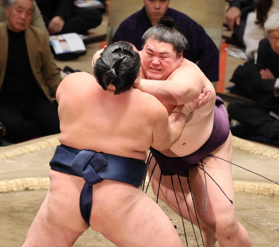 　激しく玉鷲（左）を攻める王鵬（撮影・中島達哉）