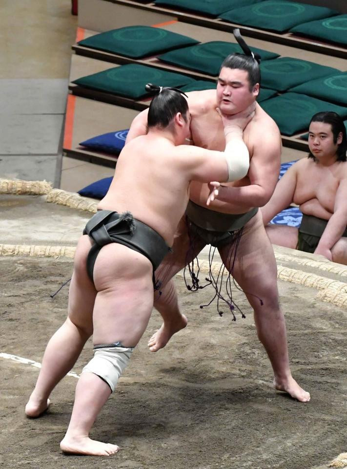 　泉翔鵬（左）の送り出しに敗れた朝阪神（撮影・持木克友）