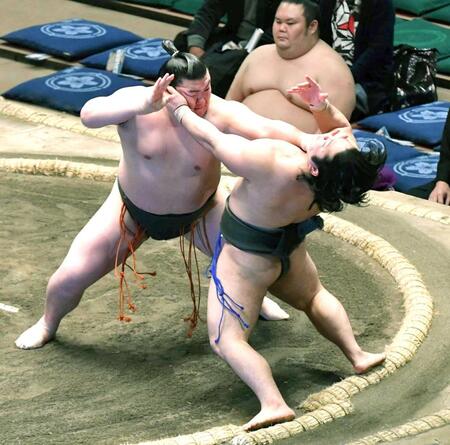 　石崎（右）を突き出しで破り幕下優勝を決めた夢道鵬