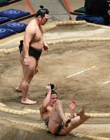 炎鵬（上）が肩透かしで山藤を破る＝２４日