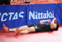 張本智和に勝利し倒れ込んで喜ぶ松島輝空（撮影・金田祐二）