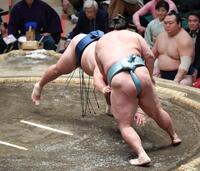 　琴勝峰（手前）にはたき込みで敗れた玉鷲（撮影・開出牧）