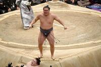 　優勝決定ともえ戦で王鵬（下）を寄り倒しで破り仁王立ちする豊昇龍（撮影・開出牧）