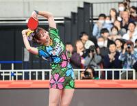 　３連覇を達成し喜ぶ早田ひな（撮影・金田祐二）