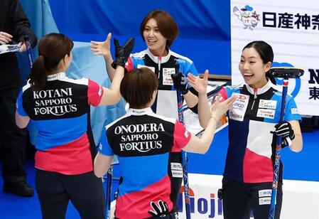 　ＳＣ軽井沢ク戦で勝利し、タッチを交わす吉村（奥中央）らフォルティウスの選手たち