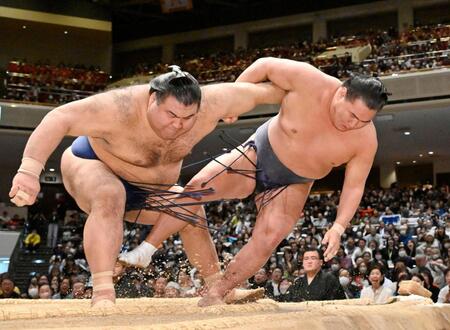 　準々決勝で新横綱豊昇龍（右）を寄り倒しで破った高安
