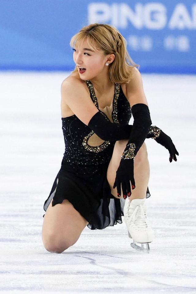 　女子フリーの演技を終えた坂本花織（共同）