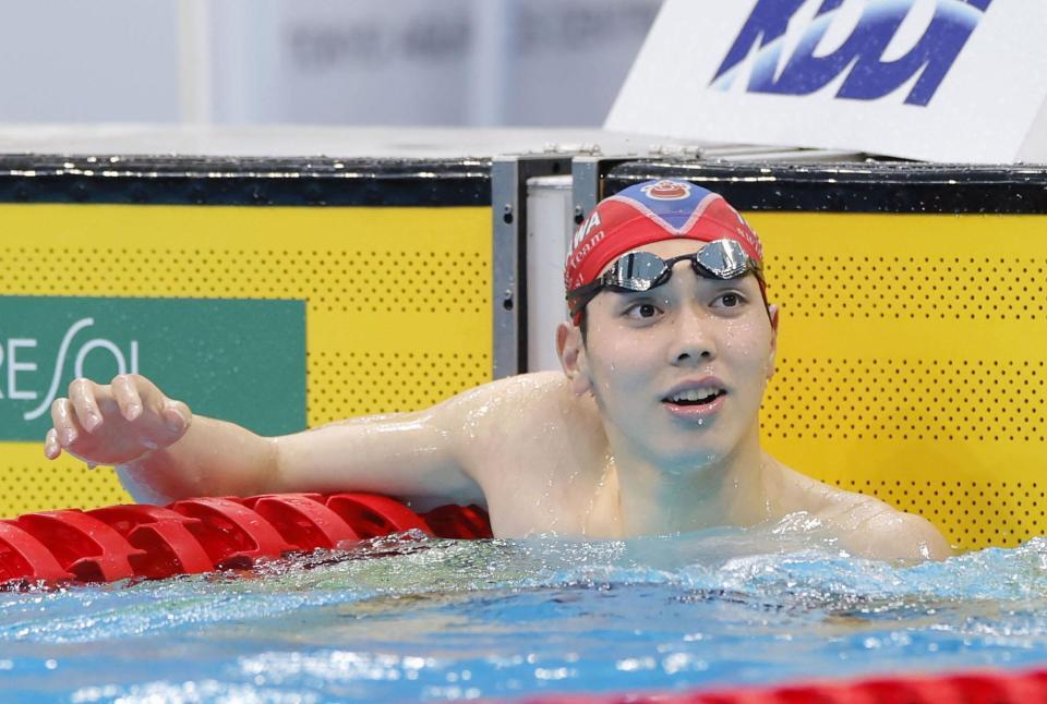 　男子４００メートル個人メドレーで優勝した西川我咲