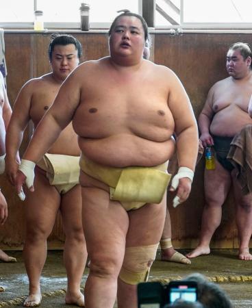 　稽古で汗を流す琴桜＝大阪府松原市の佐渡ケ嶽部屋宿舎