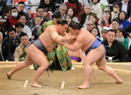 　気迫のこもった表情で若隆景（右）を攻め込む豊昇龍（撮影・金居みつよし）