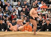 　翔猿を突き落としで下した阿炎（撮影・金居みつよし）