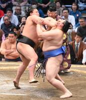 　大の里（右）を激しく攻める若元春（撮影・西田忠信）