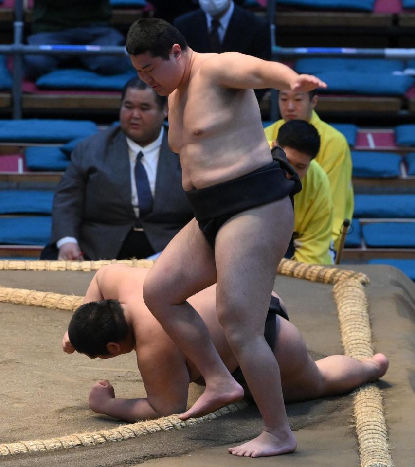 　松田（下）を破る朝力丸（撮影・西田忠信）