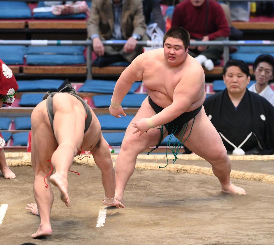 　良安（左）をはたき込みで破る福崎（撮影・西田忠信）