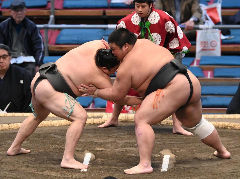 　靏林（左）と立ち合う五島（撮影・西田忠信）