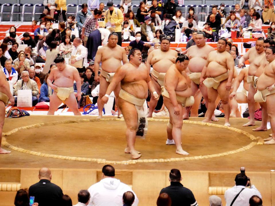 　琴桜（手前右）に胸を出される湘南乃海