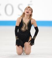 　演技を終えた坂本花織（撮影・佐々木彰尚）