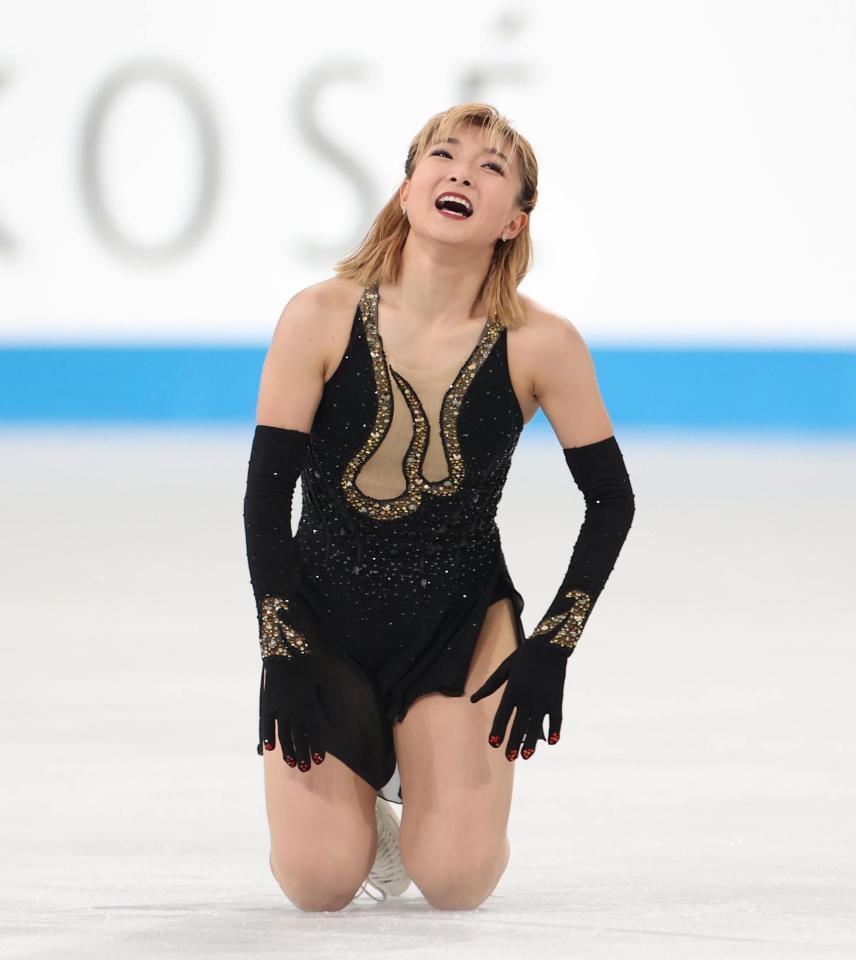 　演技を終えた坂本花織（撮影・佐々木彰尚）