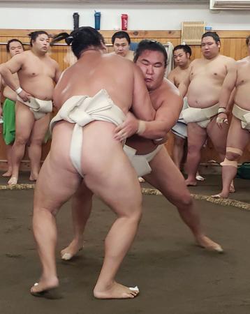 　荒汐部屋へ出稽古した横綱豊昇龍（手前右）＝東京都中央区