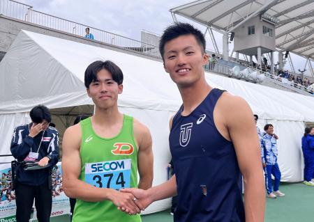 　追い風参考ながら９秒台で走った男子１００メートル優勝の柳田大輝（右）と、２部優勝の守祐陽＝相模原ギオンスタジアム