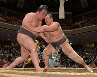 　千代虎（左）を押し出しで破った朝乃山（撮影・持木克友）