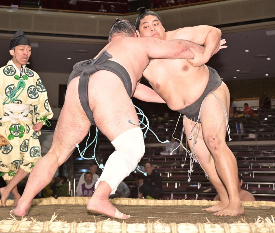 　朝乃丈（左）を攻める冨蘭志壽（撮影・持木克友）