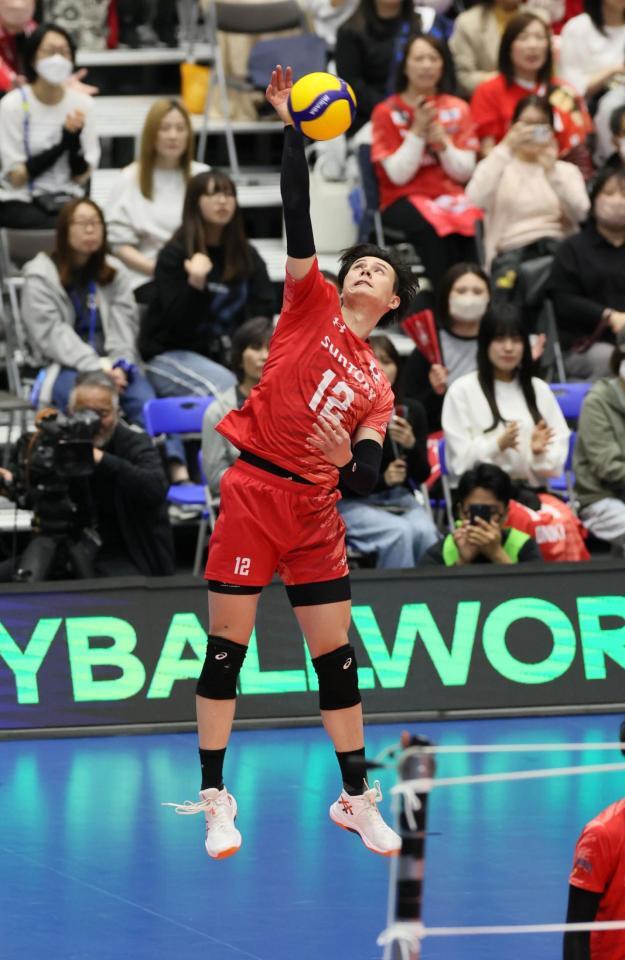 　第１セット、サーブを打つサントリー・高橋藍（撮影・石井剣太郎）