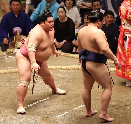 　平戸海（右）にはたき込みで敗れた大栄翔（撮影・佐々木彰尚）