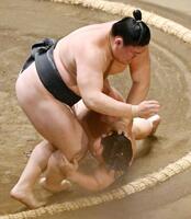 　炎鵬（下）は突き落としで西ノ龍に敗れる