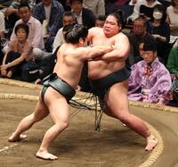 　錦木（右）を押し出しで破る朝紅龍（撮影・佐々木彰尚）