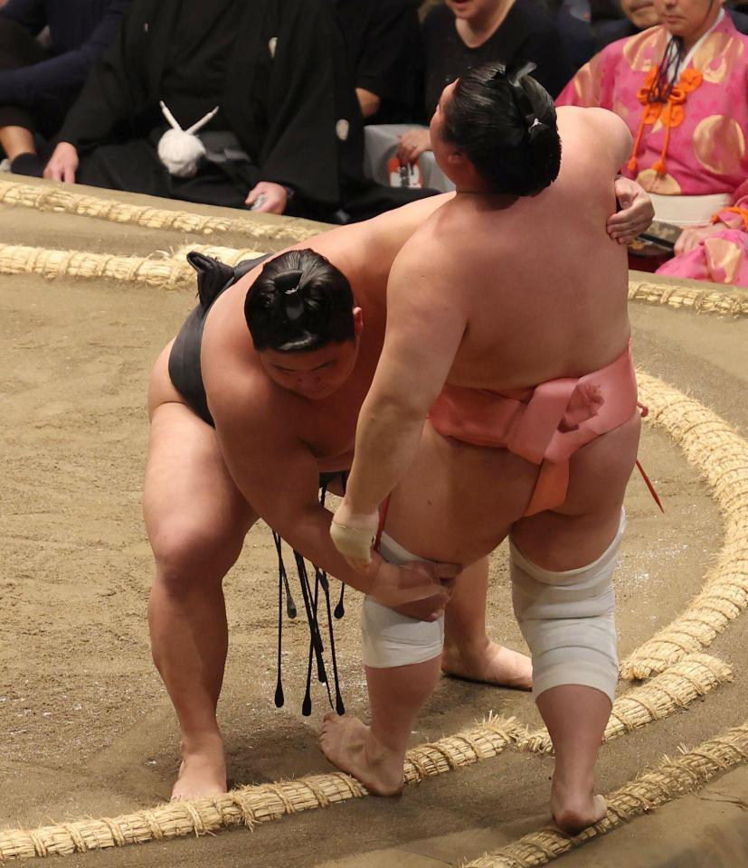 　宇良（右）を寄り切る伯桜鵬（撮影・佐々木彰尚）