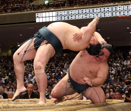 　錦木（右）を網打ちで下した佐田の海（撮影・佐々木彰尚）