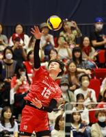 　サーブを打つサントリー・高橋藍（撮影・石湯恒介）