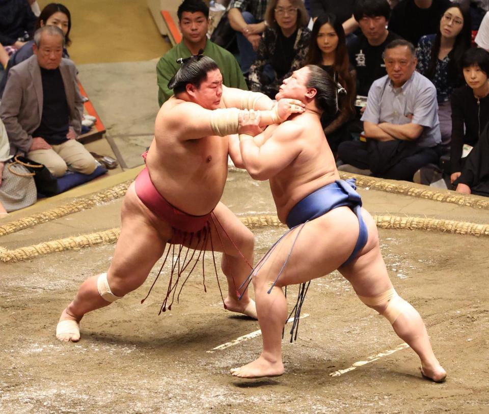 　大栄翔（左）を攻める若隆景