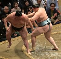 　正代（左）を送り出しで破った欧勝馬（撮影・持木克友）
