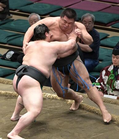 　福崎（手前）の押し出しに敗れた行徳（撮影・持木克友）