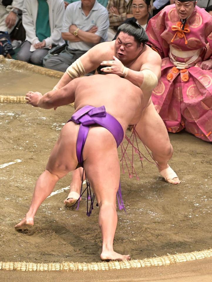 　尊富士をはたき込みで破った大栄翔（撮影・持木克友）