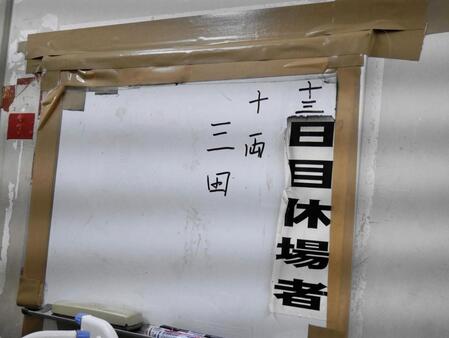 　三田の休場を記したホワイトボード