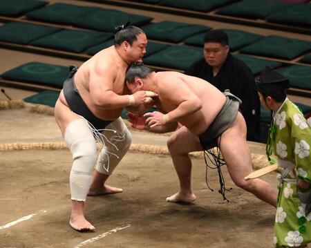 　琴羽黒（右）を攻める鳩岡（撮影・堀内翔）